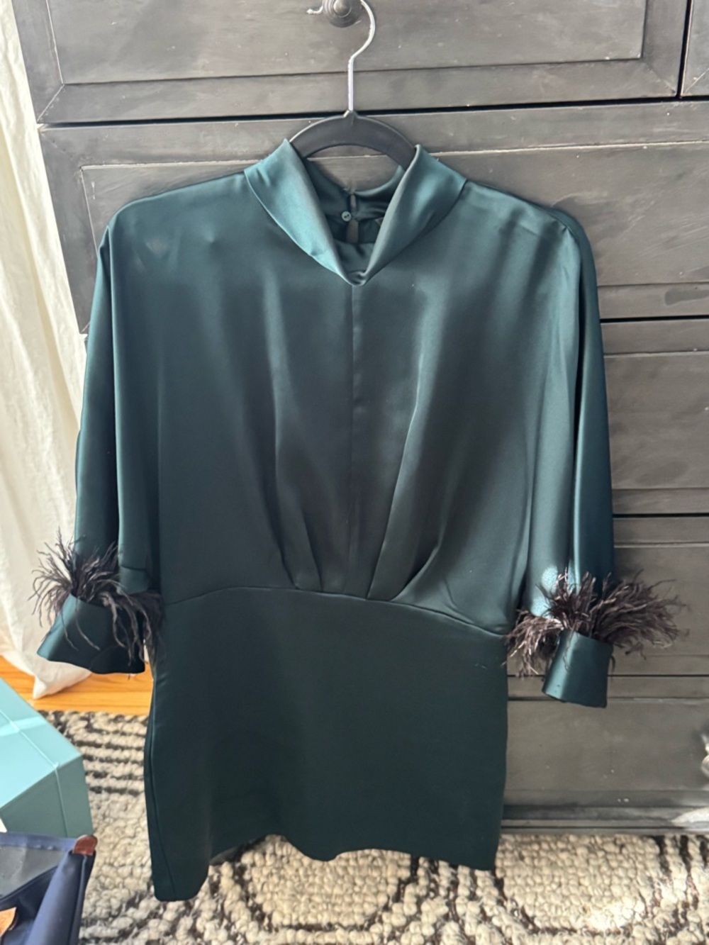 Zara Emerald Satin Mini Dress with Feather Cuffs